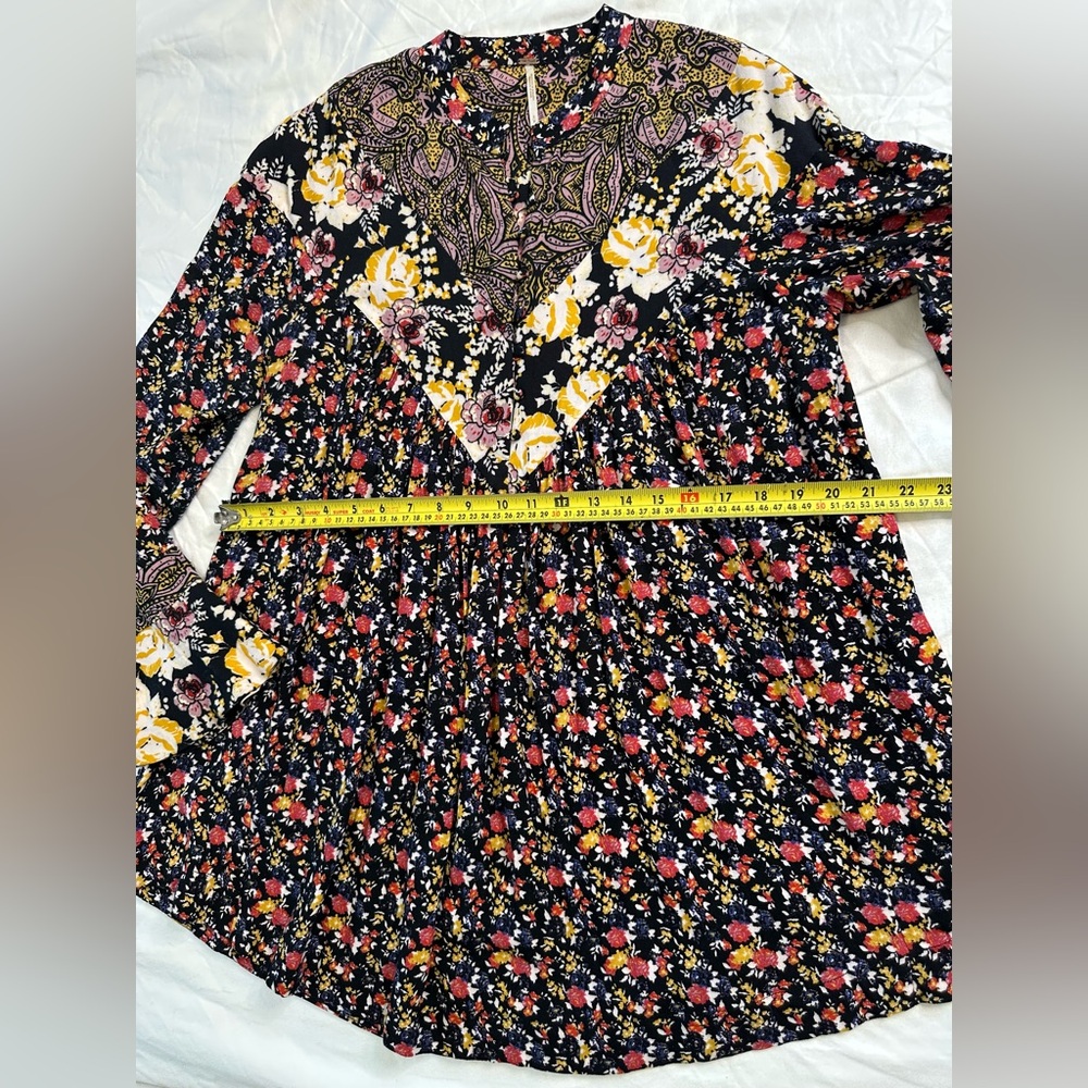 Free People Floral Boho Tunic Dress Black Multicolor Rayon Long Sleeve S/M - Picture 11 of 12